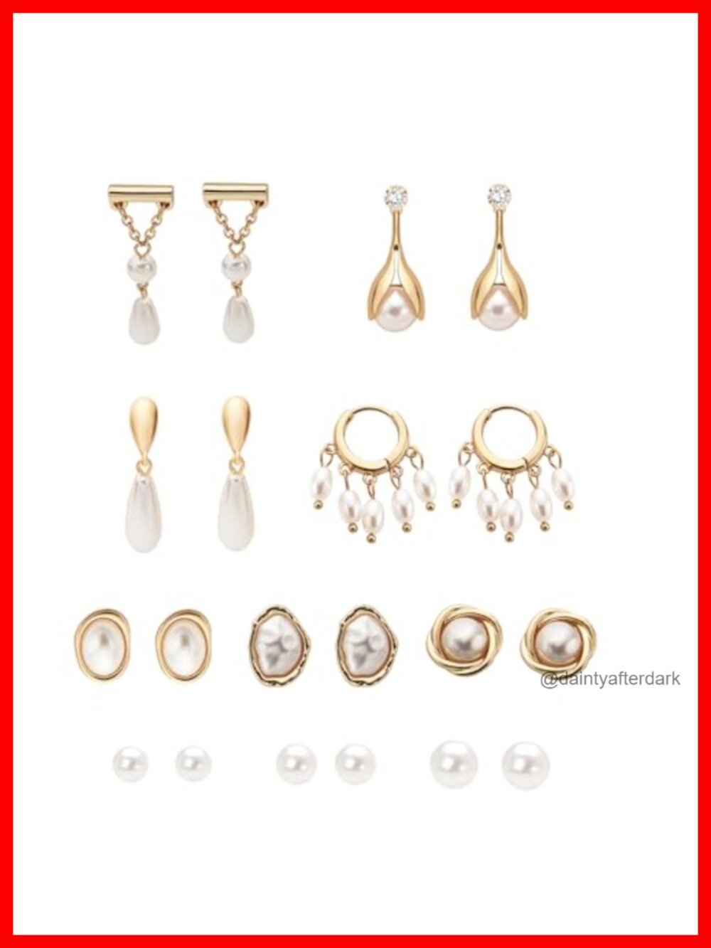 10 Pairs Faux Pearl Drop Earrings Set: Stud, Dangle, Huggie Hoop Earrings for